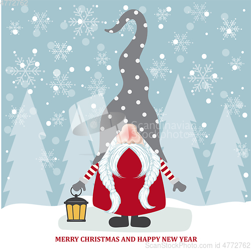 Image of Christmas card with cute gnome. Flat design. Vector