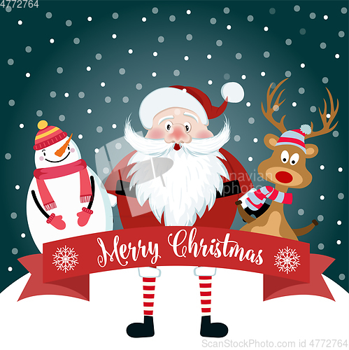 Image of Christmas card with cute Santa, snowman and reindeer. Flat desig