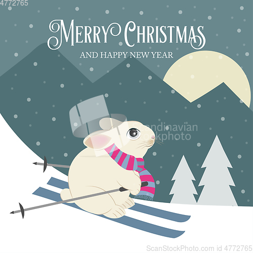 Image of Beautiful retro Christmas card with rabbit skier. Flat design. V