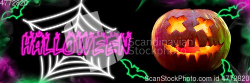 Image of Scary pumpkins on black background, the night of fear