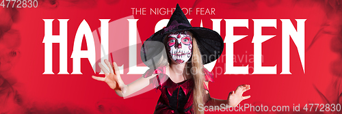 Image of Little girl like a vampire on scary red background