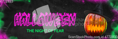 Image of Scary pumpkins on black background, the night of fear