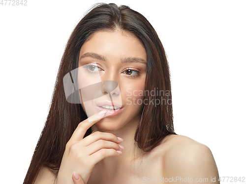 Image of Portrait of beautiful young woman isolated on white studio background