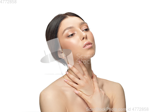 Image of Portrait of beautiful young woman isolated on white studio background
