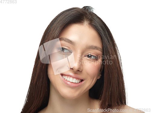 Image of Portrait of beautiful young woman isolated on white studio background