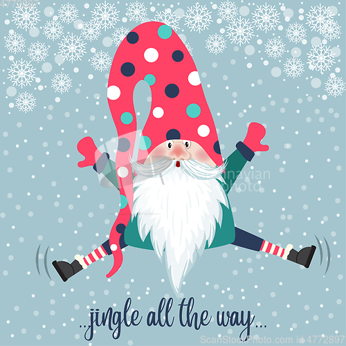 Image of Cute gnome jump. Christmas card. Flat design. 