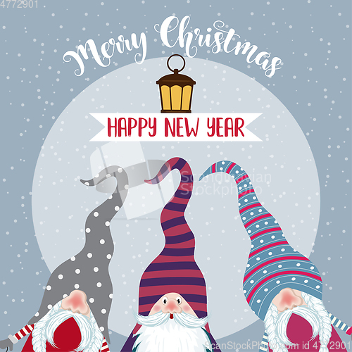 Image of Christmas card with cute gnomes and wishes. Flat design. Vector