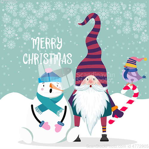Image of Beautiful flat design Christmas card snowman and gnome . Christm