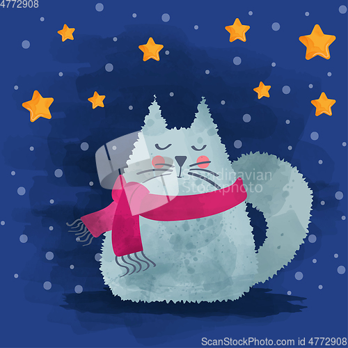 Image of Cute watercolor cat in winter. Christmas card. Vector