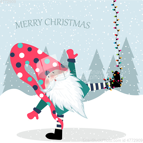 Image of Beautiful flat design Christmas card funny gnome hanging. Christ