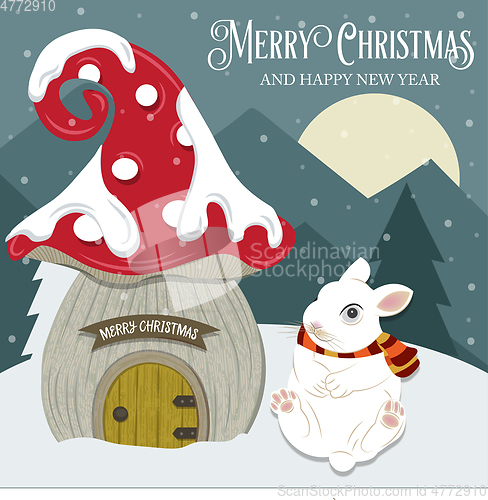Image of Beautiful Christmas card with gome house and rabbit. Flat design