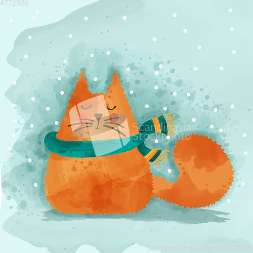 Image of Cute watercolor cat in winter. Christmas card. Vector