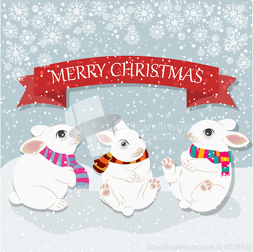 Image of Christmas card with cute rabbits. Christmas background. Flat des