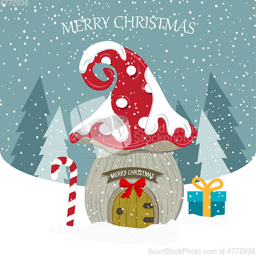 Image of Beautiful flat design  with fairy house. Christmas card . Christ