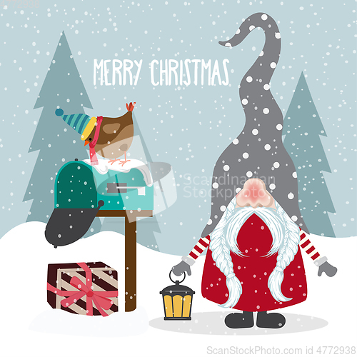 Image of Beautiful flat design Christmas card with joyful gnome. Christma