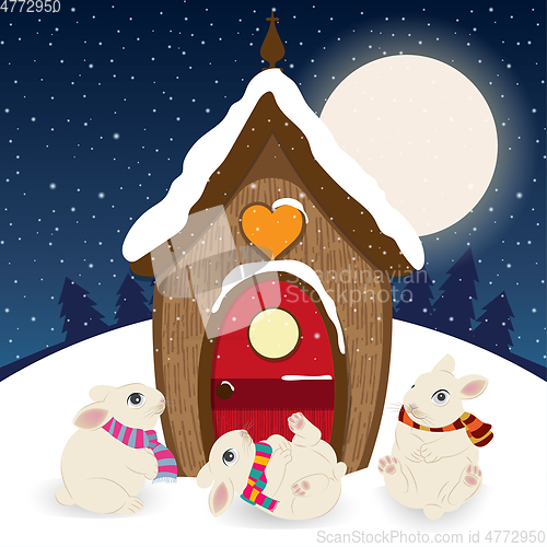 Image of Cute Christmas scene with gnome house and happy bunnies