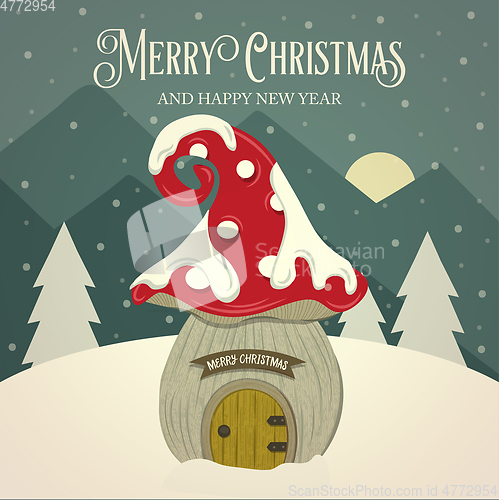 Image of Beautiful retro Christmas card  mushroom fairy house. Flat desig