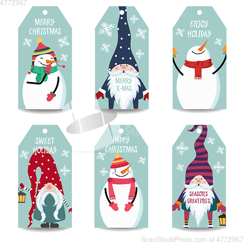 Image of Christmas labels collection with snowman and gnomes isolated ite