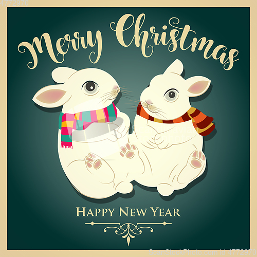 Image of Vintage  Christmas card with rabbits and message. Christmas post