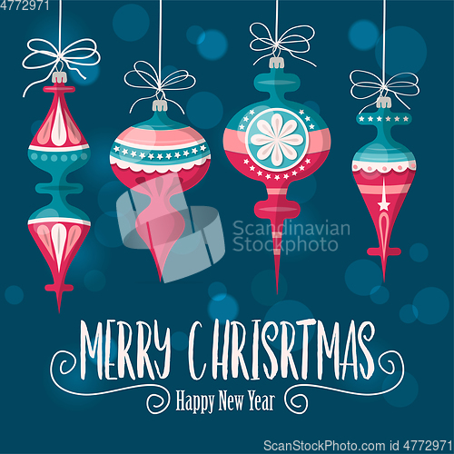 Image of Christmas card with  balls . Christmas background. Flat design. 