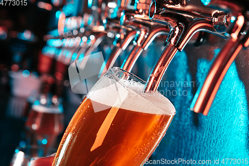 Image of Hand of bartender pouring a large lager beer in tap