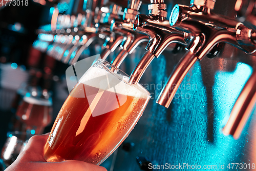 Image of Hand of bartender pouring a large lager beer in tap