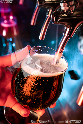 Image of Hand of bartender pouring a large ale, porter, stout beer in tap