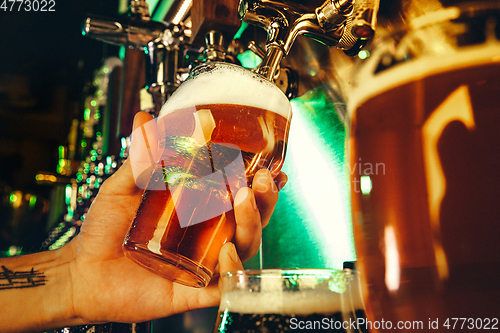 Image of Hand of bartender pouring a large lager beer in tap