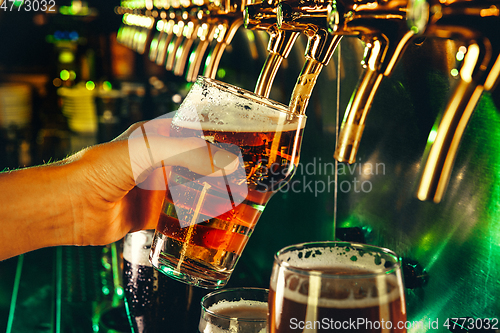 Image of Hand of bartender pouring a large lager beer in tap