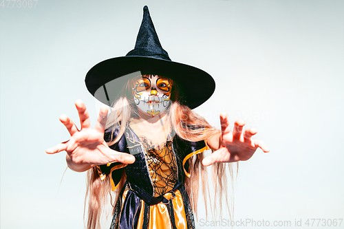 Image of Little girl like a witch on white background