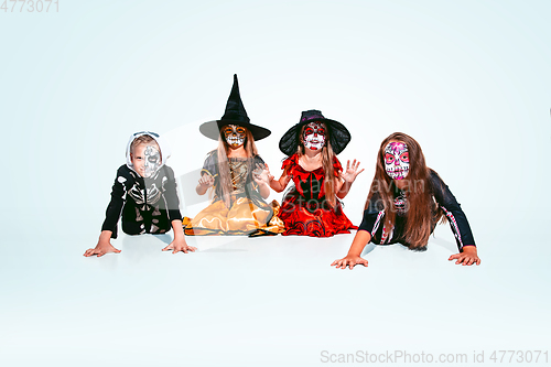 Image of Kids or teens like witches and vampires on white background