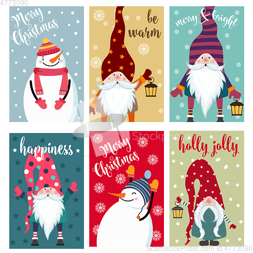 Image of Christmas card collection with snowman and gnomes. Labels. Stick