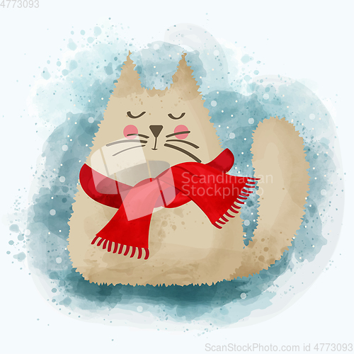 Image of Cute watercolor cat in winter. Christmas card. Vector