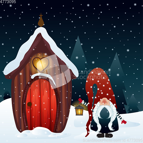 Image of Christmas night scene with gnome and his magical house
