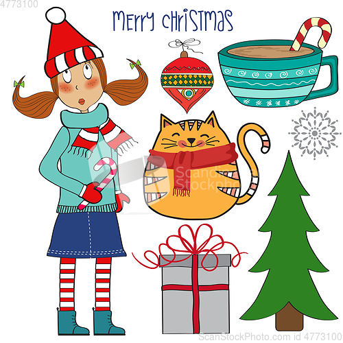 Image of Cute hand drawn, Christmas items collection isolated on white