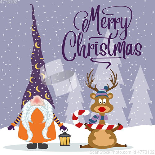 Image of Flat design Christmas card with happy gnome and reindeer. Christ