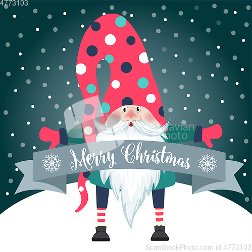 Image of Christmas card with cute gnome and wishes. Flat design. Vector