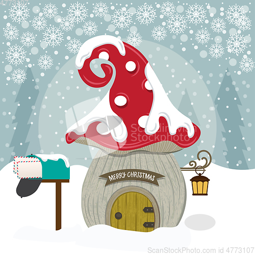 Image of Christmas card with cute gnome house.. Christmas poster. Flat de