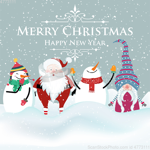 Image of Joyful flat design Christmas card with snowman , Santa and gnome