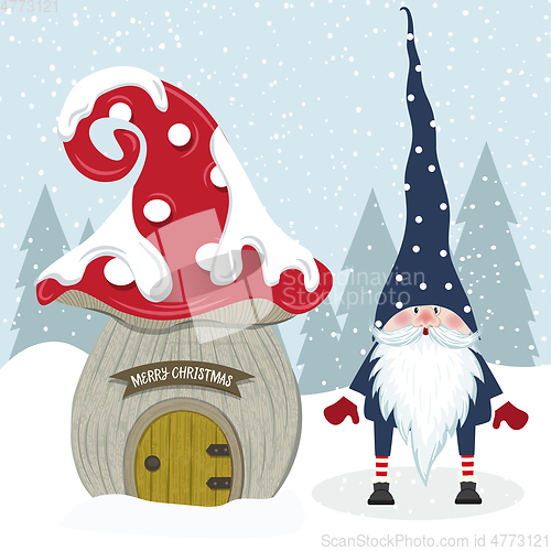 Image of Cute Christmas gnome and her mushroom house. Flat design.