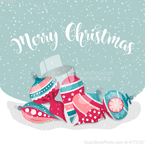 Image of Christmas card with balls. Christmas background. Flat design. Ve