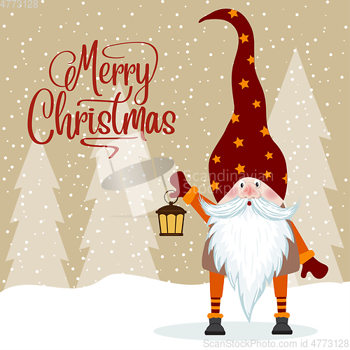 Image of Gnome and his lantern. Christmas card. Flat design.