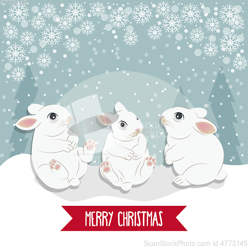 Image of Christmas card with  rabbits. Christmas background. Flat design.