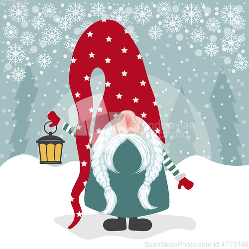 Image of Christmas card with  gome and his lantern. Flat design. Vector