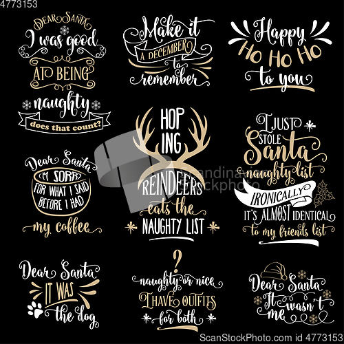 Image of Funny  Christmas quotes collection isolated on black. Vector