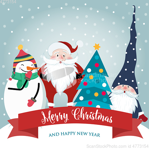 Image of Christmas card with cute Santa, gnome and snowman. Flat design. 