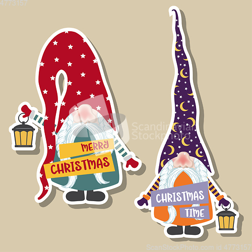 Image of Christmas stickers collection with cute gnomes. Flat design