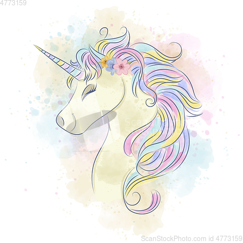 Image of Beautiful watercolor unicorn. 