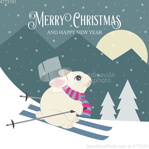 Image of Beautiful retro Christmas card with rabbit skier. Flat design. V