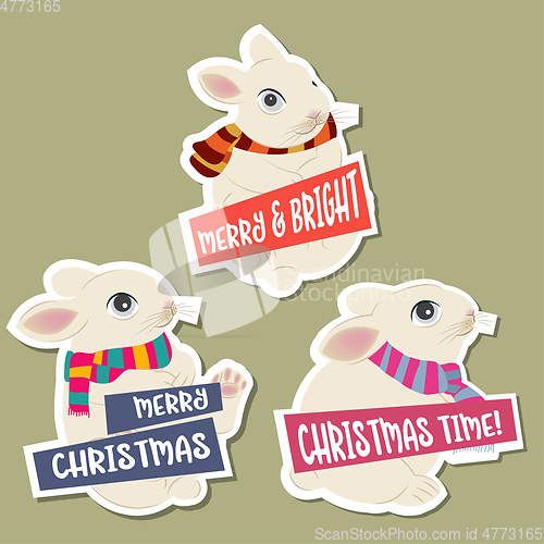 Image of Christmas stickers collection with rabbits and wishes. Flat desi